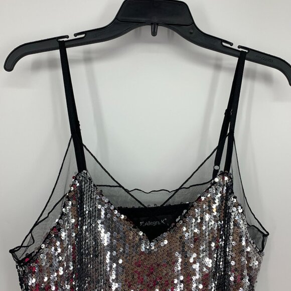 Allegra K Cami Top Sequin Mesh Panel Sleeveless Gray Black - Picture 3 of 9